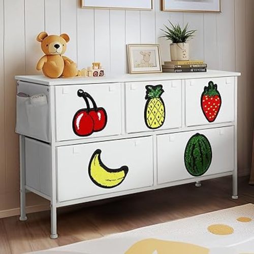 Dresser for Bedroom, Small White Dresser with 5 Drawers, Baby Kids Dresser with Funny Sequins Fabric Bins, Wood Top for Living Room, Nursery, Entryway, Hallway (5 Drawers)