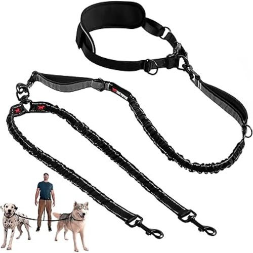 Tuff Pupper Heavy Duty Hands Free Bungee Dog Leash | Two Large Dogs Up to 250 lbs | Comfortable Shock Absorbing Bungee | Reflective Dual Padded Handles | Lumbar Waist Belt 22-45" | 360° Swivel Clips