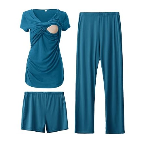 SUNNYBUY Women's Maternity Postpartum Pajamas Set, Breastfeeding TopsAdjustable Pregnancy Shorts & Pants 3 Piece Nursing PJS
