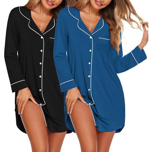 Ekouaer 2 Pack Nightgowns for Women Long Sleeve Night Shirt Button Down Sleep Shirt V-Neck Sleep Dress Pajama Sleepwear