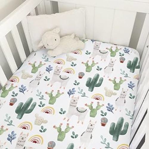 Funny Llama Cactus Leaves Rainbow Baby Crib Sheet 52''x28'' Cute Llama Fitted Crib Mattress Cover for Boy Girl Nursery Toddler Bed Sheet Fits Standard Crib and Toddler Mattresses