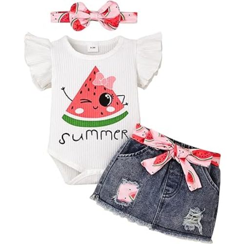 Baby Girl Clothes Newborn Cute Romper Dress Ruffle Short Sleeve Jeans Skirt with Headband Infant Outfits 0-18 Months