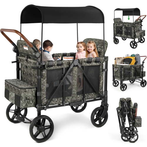 Vomeast Wagon Stroller for 4 Kids, 3-in-1 Wagon Stroller with Canopy, 5-Point Harness, Adjustable Handlebars, Removable Seat for Toddlers, Camo Green