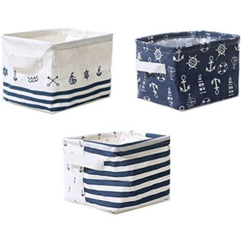 Lannu Nautical Fabric Storage Baskets Bins Cloth Collapsible Organizers Box Beach Anchor Nursery Toys Basket Shelves & Desks Pack 3