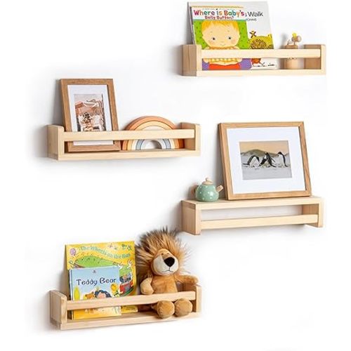 Fun Memories Nursery Book Shelves - Rustic Natural Solid Wood Floating Bookshelf for Kids - Wall Book Shelves for Kids Room (Natural, 16inch - 4P)