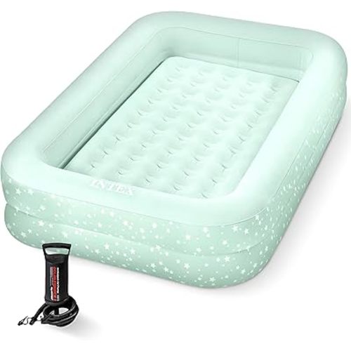Intex Kids Travel Air Mattress Inflatable Bed with Raised Sides and Hand Pump - Portable Blow-Up Toddler Traveler Bed for Children's Naps or Sleep