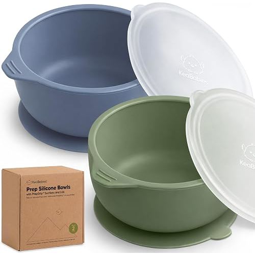 KeaBabies 2-Pack Baby Bowls with Suctions, Lids, BPA-Free Silicone (Slate)