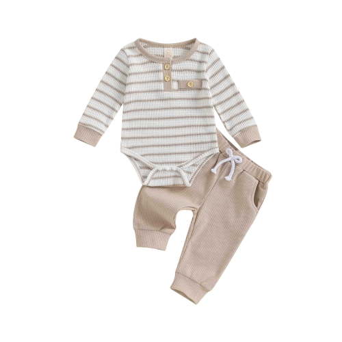 Hirigin Newborn Baby Boy Waffle Fall Winter Outfit 0 3 6 12 18 Months Button Long Sleeve Striped Romper Bodysuit Pants Set