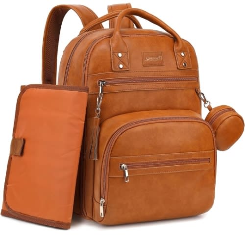 Vegan Leather Diaper Bag Backpack with Changing Pad Pacifier Case,Travel Baby Bag for Boy Girl Toddler Mom-Large,Stylish,Waterproof-Baby Shower Gifts,Brown