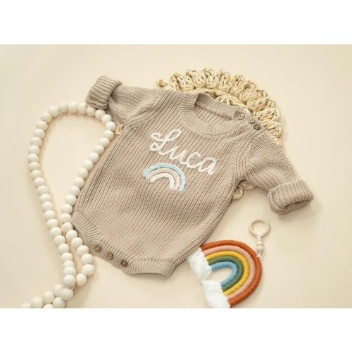 Newborn Coming Home Custom Outfit, Infant Baby Personalized Hand Embroidered Knit Sweater Romper, Newborn Embroidered Name Baptism Sweater