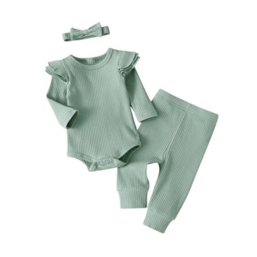 Newborn Infant Baby Girl Clothes Long Sleeve Romper Pants Headband headband Outfits Set ( Newborn, Green)