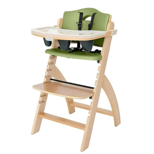 Abiie Beyond Junior Wooden High Chair with Tray - Adjustable and Convertible High Chair for Babies and Toddlers - 6 Months to 250 Lb - Water Resistant - Natural Wood/Olive Cushion