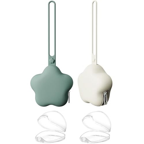 4 Pack Pacifier Holder Case,2pcs Silicone Portable Pacifier Pouch and 2pcs Transparent Nipple Holder Case Container, On-The-GO Pacifier Storage Container Box,BPA Free, Easy to Clean(Green+Khaki)