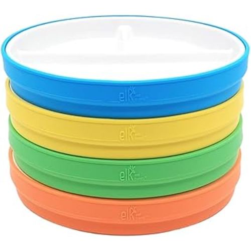 Elk and Friends 6.7" Kids Porcelain White Plates with Silicone Sleeves | Divided Plates | Suitable for Kids/Toddlers | Microwave & Dishwasher Safe | Non Slip | Snack Dishes