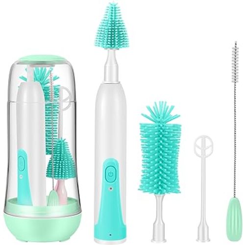 Electric Baby Bottle Brush Cleaner Set,8 in 1 Automatic Baby Bottle Cleaning Kit,Silicone Bottle Brush,Light Green