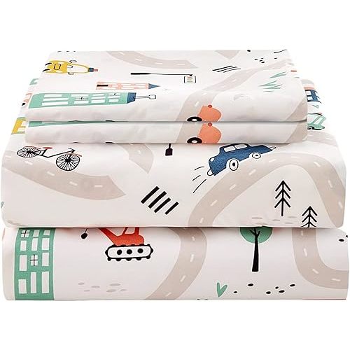 JSD Car Kids Printed Sheet Set Twin Size, 3 Piece Soft Microfiber Bed Sheets Deep Pocket