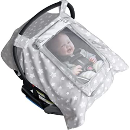 Baby Car Seat Cover for Boys Girls, Adjustable Peep & Breathable Mesh Window, Infant Carseat Canopy Fit All Seasons, Suitable for Various Stroller