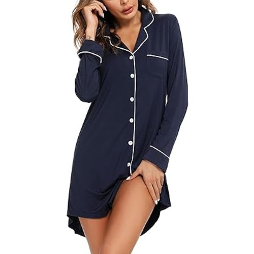 Pjmlifecoco Womens Nightgowns Short Sleeves Button Down Night Shirts Soft Sleepwear Pajama Dress S-XXL