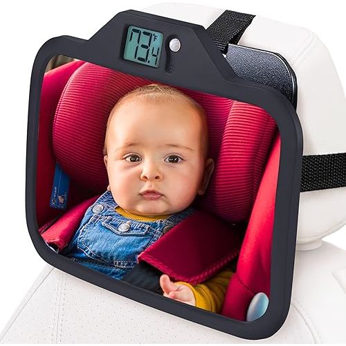 Baby Car Mirror with Temperature Display, Car Seat Mirror for Baby Rear Facing, New Born Essentials Must Haves, Infant Car Seat Mirror for Baby Travel Gear - Wide Angle (Black)