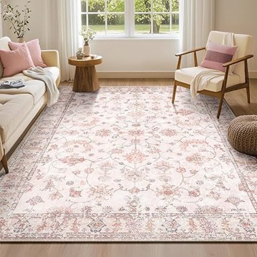 6x9 Area Rug Print Washable for Living Room Low Pile Non Slip Soft Thin Carpet Boho Vintage Floral Rug Stain Resistant for Bedroom Dining Room Kitchen Playroom Lightpink