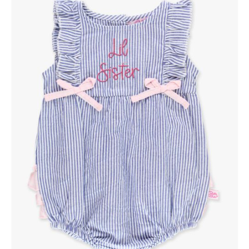 Hot Pink Lil Sister Embroidered Classic Blue Seersucker Ruffle Romper
