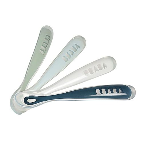 BEABA Baby's First Foods Spoon Set, Original Silicone Baby Spoons, Baby Essentials, Baby Spoons, Pack of 4 Baby Gift Set, BPA Lead & Phthalate Free, Rain - Peacock