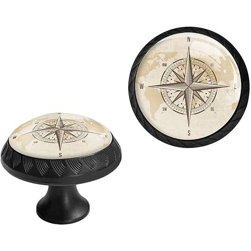 6 Pack Black Drawer Pulls Knobs, Vintage Nautical Compass Cabinet Knobs Crystal Glass Dresser Knobs for Kitchen Bathroom Hardware