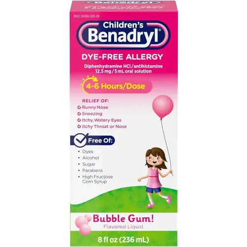 Benadryl Children's Dye-& Sugar-Free Allergy Relief Liquid Medicine with Diphenhydramine HCl, Antihistamine Allergy Medicine for Kids, Dye-Free, Alcohol-Free, Bubble Gum Flavor, 8 fl. oz