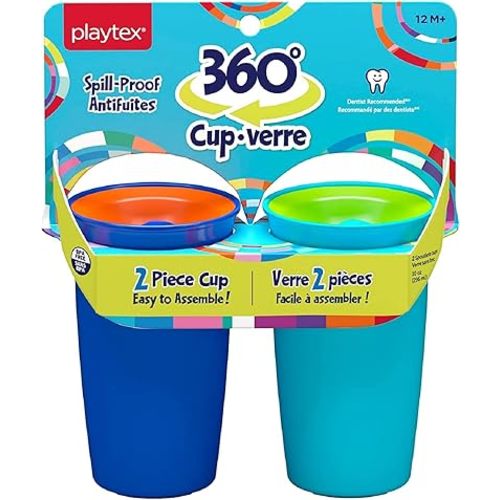Playtex Baby Stage 2 Spoutless 360 Drinking Cups, Ages 1+, Leakproof, Spill Proof - Blue & Aqua, 10 Oz, 2 Count
