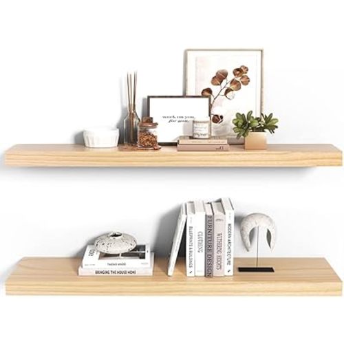 Habudda Floating Shelves, Wood Wall Shelf, Natural Wooden Home Decor for Bathroom Kitchen Bedroom, Hanging Mounted Invisible Bracket, Extra Long 35.5 Inch, Set of 2