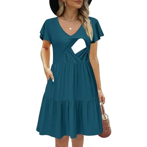 Women's Maternity Nursing Dress Ruffle Cap Sleeve Breastfeeding with Pockets