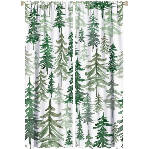 Green Forest Tree Curtain, Pine Coniferou Trees Forest Watercolor Design Room Darkening Door Window Rod Pocket Curtain for Bedroom Living Room 42x63in