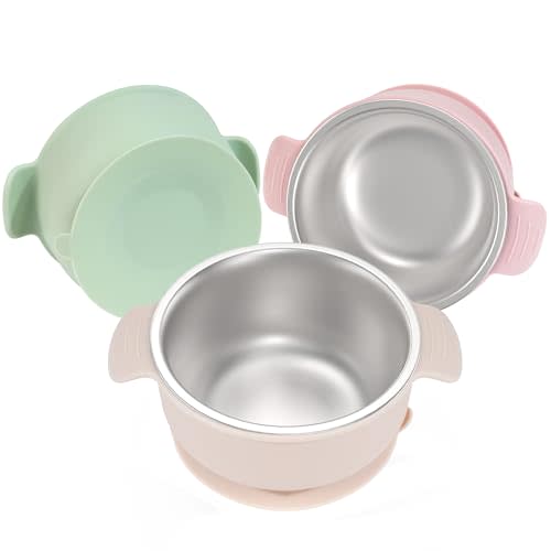 Bella’s Friends Stainless Steel and Silicone Baby Bowls with Suction 3 Pack, 4.3” for Toddlers Kids Feeding, Non-Slip, Non-Toxic, Mess-Free, Dishwasher Safe, Fit High Chair Size,beige green light pink
