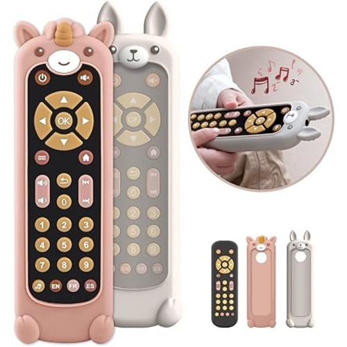 Nueplay Baby TV Remote Control Toy with Silicone Teether Cover, Toddler Realistic Controller, Early Number Learning in 3 Languages (English, Spanish & French), Preschool Girls Toys 6, 12, 18 Months