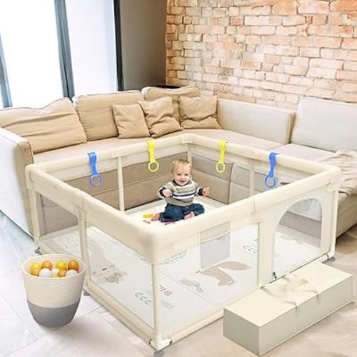 MiMi & Tom Baby Playpen with Mat Included - Safe Baby Play Yard with 4 Pull Up Rings, Kids Playpen Ocean Balls, and Toy Storage Basket - Minimalist Large Playpen for Babies and Toddlers, 49" x 49"