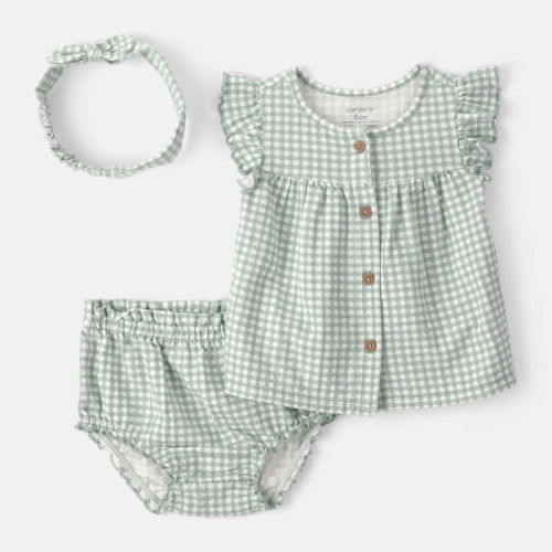 3-Piece Gingham Top & Short Set, Green