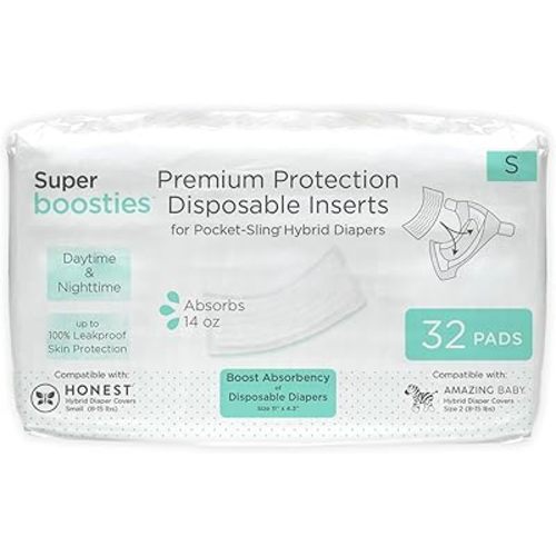 Overnight Diaper Leak Stopper, Super Boosties Disposable Inserts, Use with Pampers Sizes 2-6, Honest Hybrid Diaper Cover Sz Small, Amazing Baby Cover Sz 2, Pocket-Sling Compatible, 4.3x11 in, 32 count