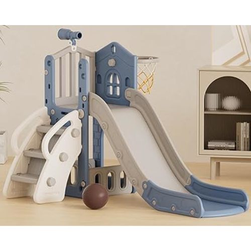 XJD 5 in 1 Toddler Slide, Kids Slide for Toddlers Age 1-3, Outdoor Indoor Playset for Toddlers with Basketball Hoop and Ball, Storage Space and Non-Slip Steps Telescope (Blue)