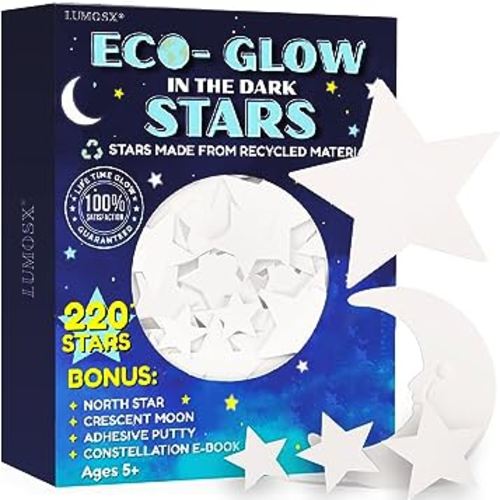Glow in The Dark Stars for Ceiling - Stars from Recycled Materials w/North Star, Moon & Constellation E-Book | 220 pcs Ceiling Stars for Ceiling Decorations for Kids Room Decor