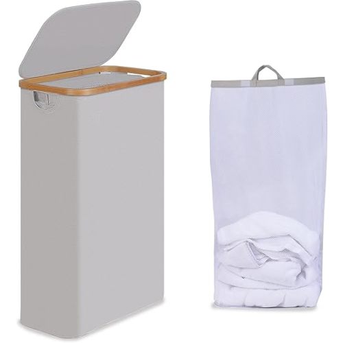 Slim Laundry Basket with Lid, Narrow Laundry Hamper with Removable Bag, Skinny Dirty Clothes Basket with Bamboo Handles for Bathroom, Bedroom & Laundry Room, 75L Light Grey