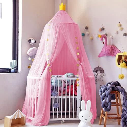 Jolitac Princess Bed Canopy for Girls Room Decor Round Lace Mosquito Net Play Tent Reading Nook Canopies Yarn Girl Dome Netting Castle (Rose)