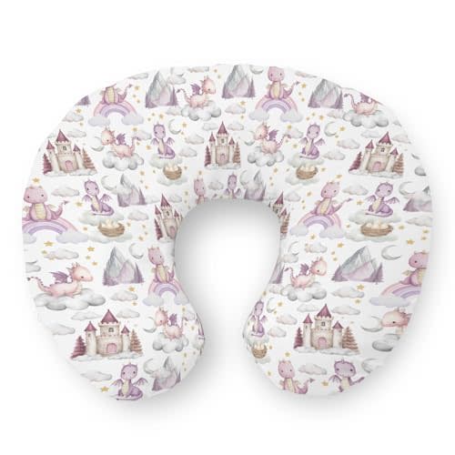 Baby Dragons Pink Nursing Pillow Covers Fairytale Dragon Castle Trees Moon Rainbow Soft Stretchy Nursing Cover for Breastfeeding Pillows Fantasy Animal Slipcovers for Baby Girl Boy Newborn