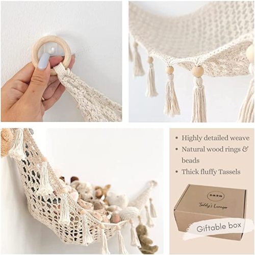 Sasa Baby and Toddler Macrame Hanging Net for Stuffed Toys - Corner Hammock Organizer for Plush Animals, Buttercream