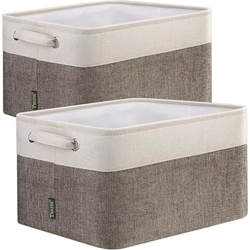 BALEINE 2 Pack Fabric Storage Bins for Shelves, Linen Storage Baskets for Organizing, Decorative Closet Bins for Clothes, Home (Brown, 15"x11"x9.5")