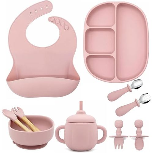Skylarq Silicone Baby Feeding Set - Suction Plate Baby, Suction Bowl, Baby Bib, Toddler Sippy Cup & 3 Spoons 3 Forks Set - Baby Led Weaning Supplies, 100% BPA Free, Silicone Baby Plates and Bowls Set