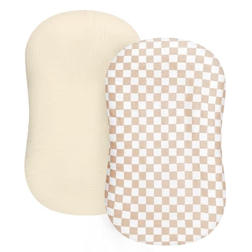 DILIMI Baby Lounger Covers, 2 Pack Muslin Newborn Lounger Cover, Soft Comfortable Removable Infant Pillow Slipcover for Girl and Boy, Beige & Brown Checkered (Lounger not Included)