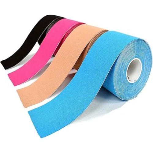 OBTANIM 4 Rolls Waterproof Breathable Kinesiology Tape, Athletic Elastic Kneepad Muscle Pain Relief Knee Taping for Gym Fitness Running Tennis Swimming Football (Black, Skin, Pink, Light Blue)