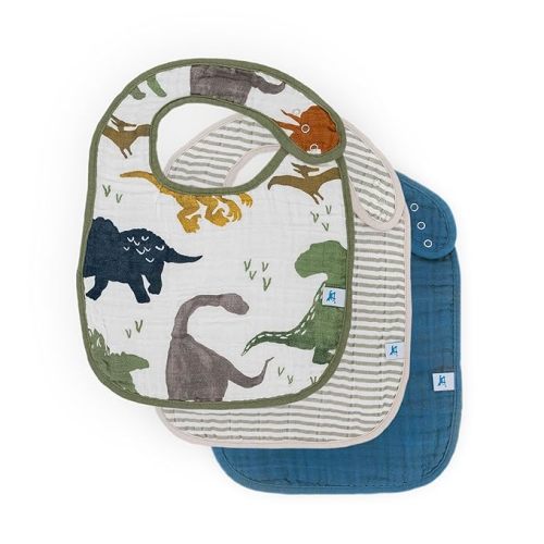 Little Unicorn Cotton Muslin Classic Bib 3 Pack– 100% Cotton – Machine Washable - Softer with Every Wash – Playful Designs - 3 Lightweight, Breathable Layers – for Boys and Girls (Dino Friends)