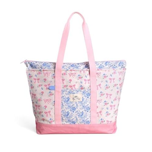 Itzy Ritzy Canvas Tote Bag - Zip-Top Closure, Roomy Main Compartment & 4 Pockets - Lightweight Cotton Canvas Carryall for Moms - Perfect for Travel, Beach, Errands & Everyday (Ribbons & Bows)