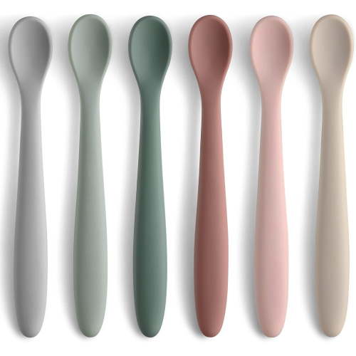 6-piece silicone baby feeding spoon set, first stage baby spoon, soft head, gentle on gums, baby training spoon | baby tableware feeding utensils, dishwasher safe, boiling resistant